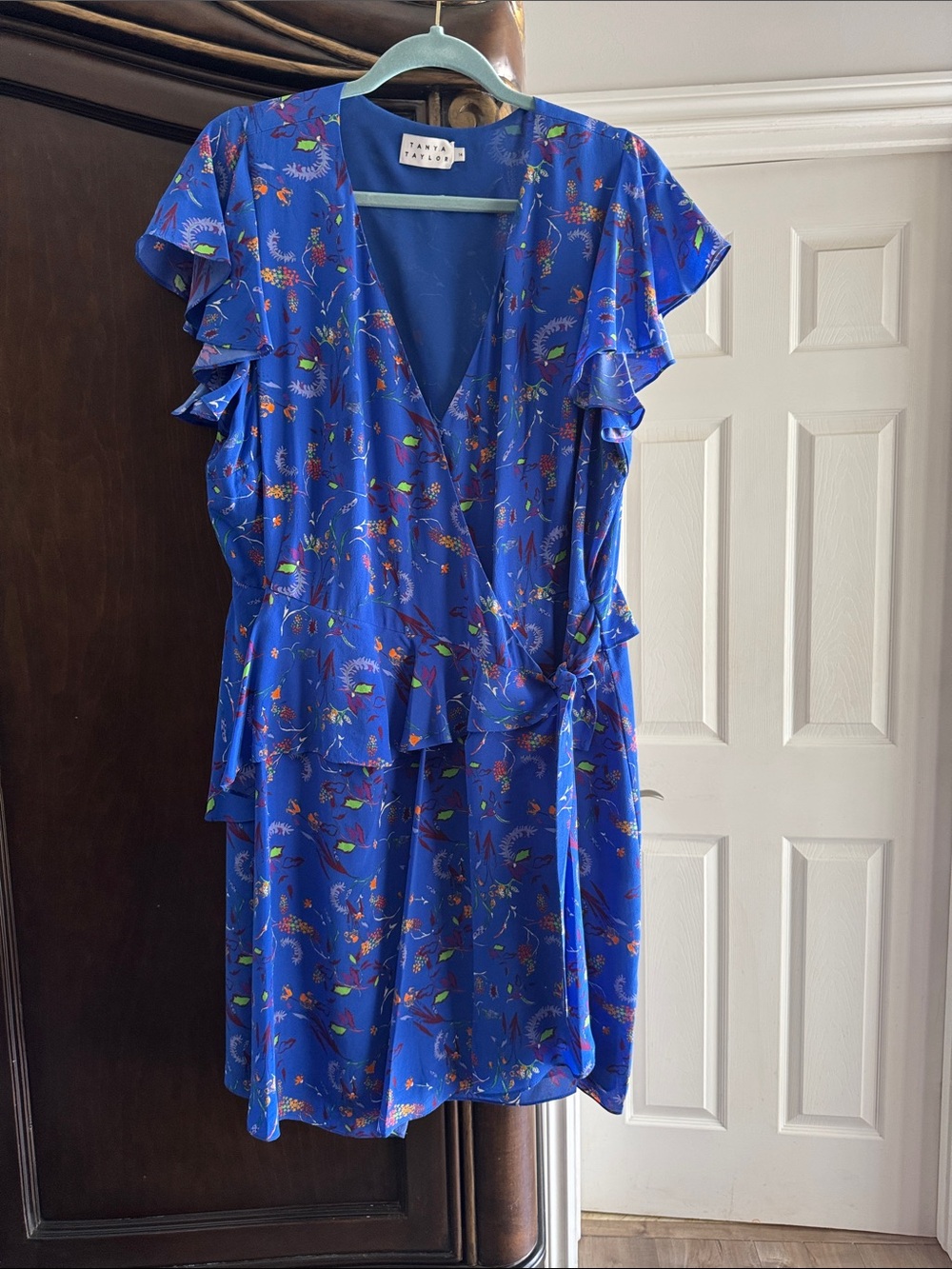 Tanay Taylor  Blue Floral Wrap Mini Dress with Ruffle Sleeves size 14